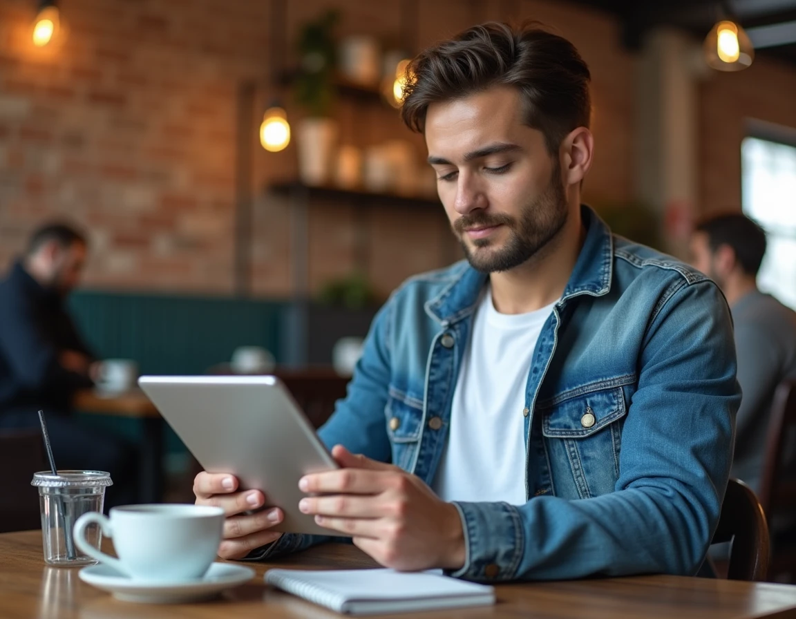 Jeune freelance utilisant une application de comptabilité gratuite sur tablette et smartphone dans un café branché