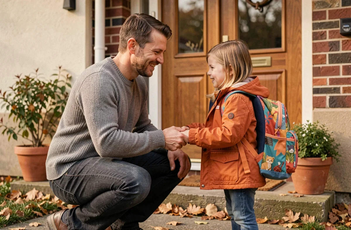 Père et fille lors d'un échange de garde alternée devant une maison résidentielle en automne