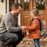 Père et fille lors d'un échange de garde alternée devant une maison résidentielle en automne
