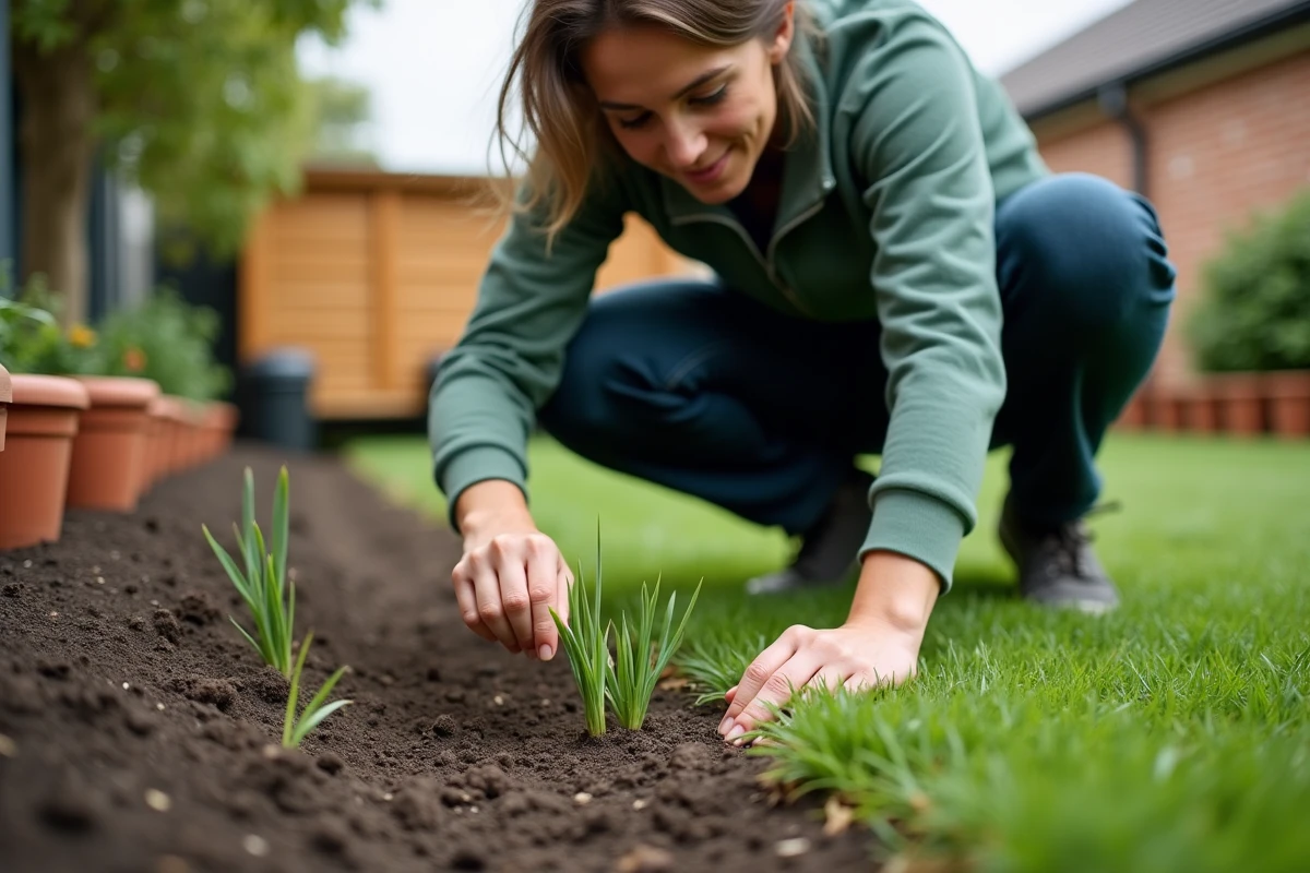 Femme inspectant la germination des graines de gazon thermique après ensemencement dans un jardin