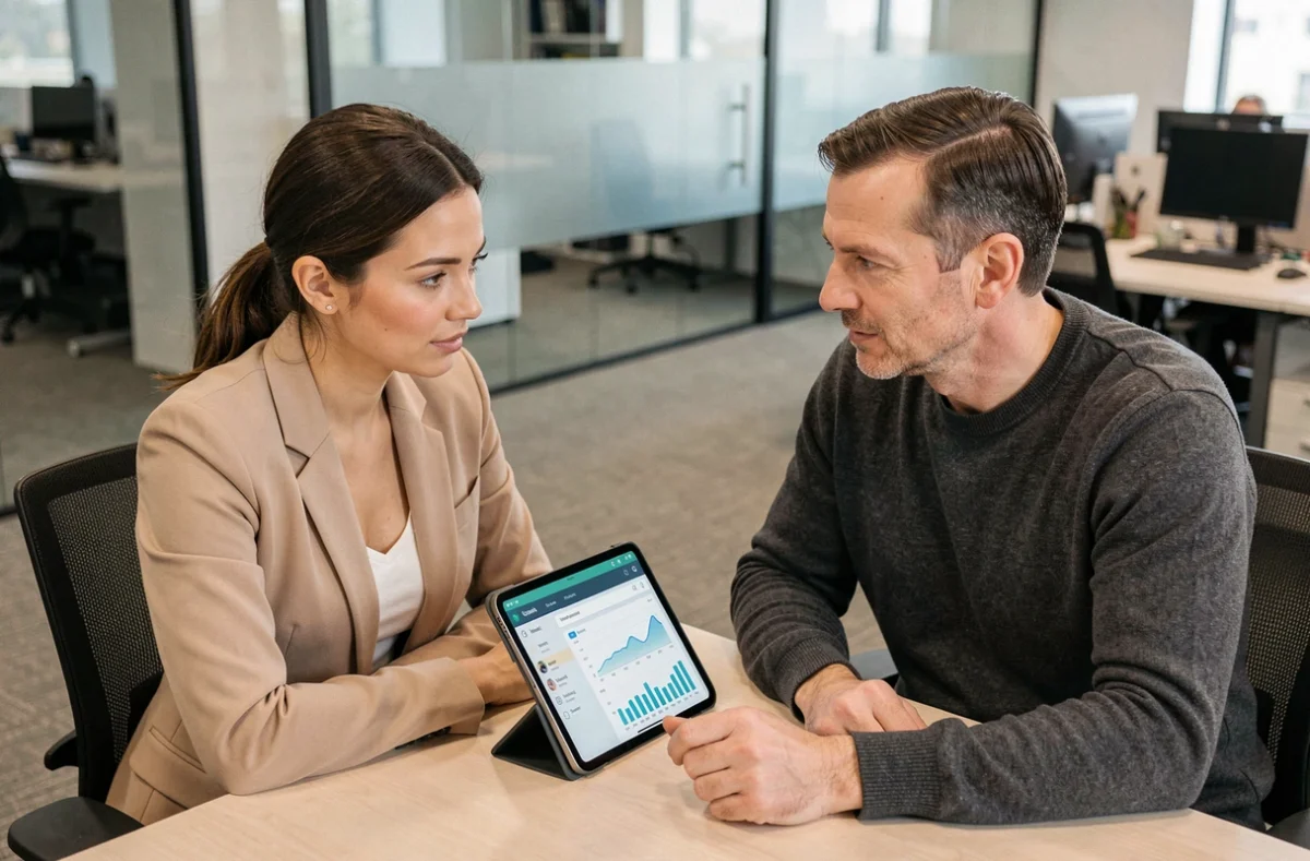 Deux collègues analysant des comptes en ligne et un tableau de bord budgétaire sur une tablette en bureau professionnel