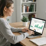 Femme gérant ses comptes bancaires en ligne sur un ordinateur portable dans un bureau à domicile moderne