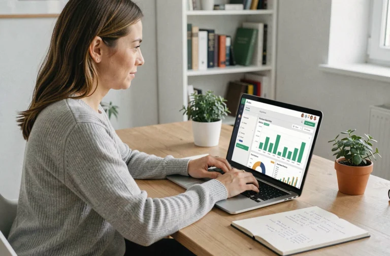 Femme gérant ses comptes bancaires en ligne sur un ordinateur portable dans un bureau à domicile moderne