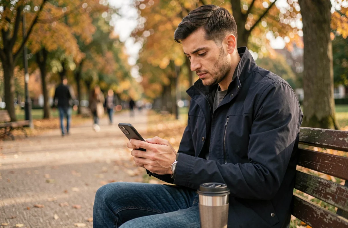 Jeune homme consultant des annonces immobilières sur smartphone assis dans un parc en automne