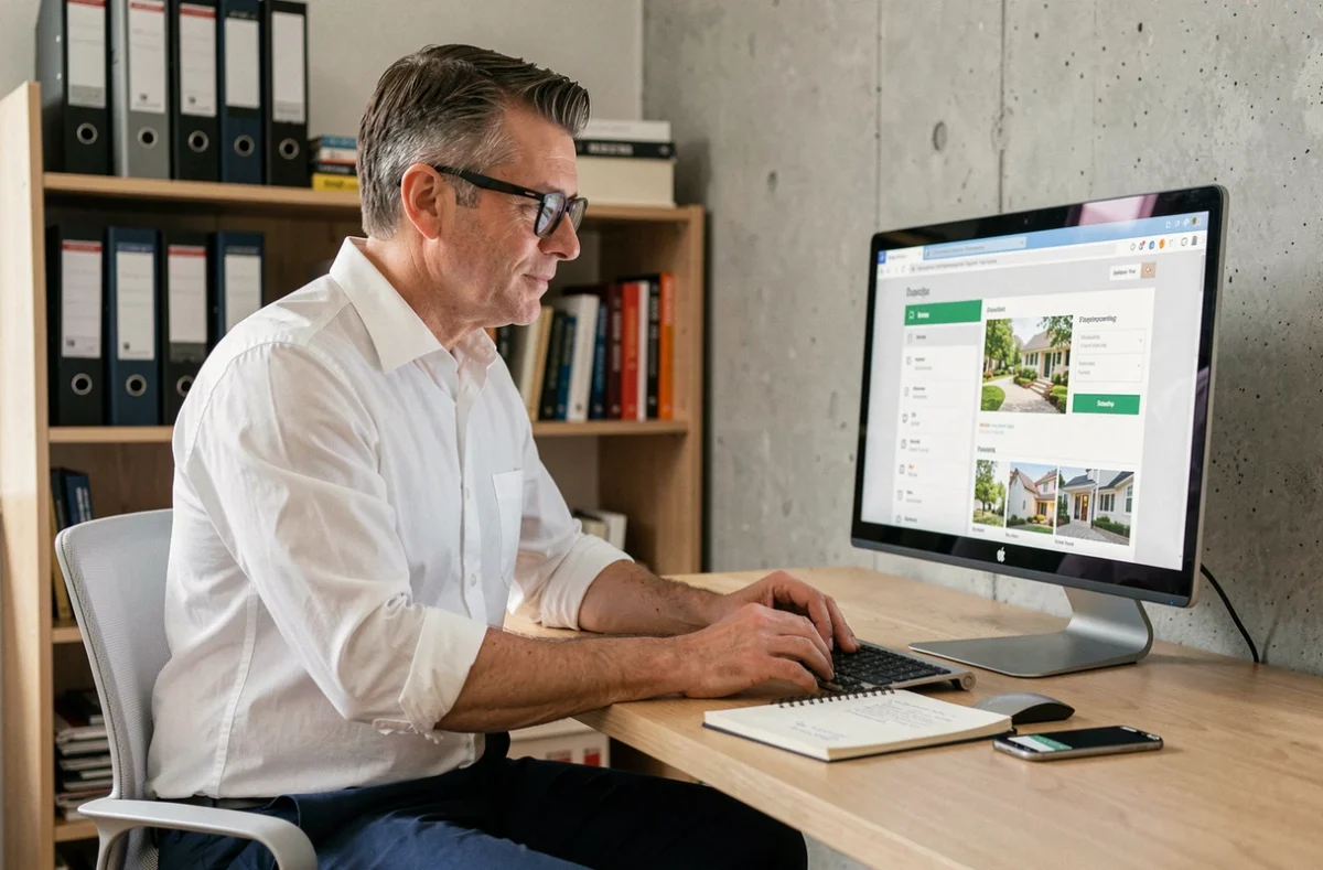 Homme d'âge mûr consultant un site immobilier sur ordinateur pour trouver la meilleure offre de location