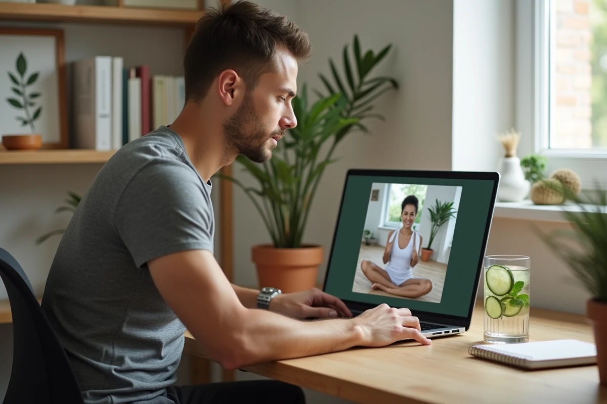 Homme consultant une plateforme de spa en ligne depuis son bureau à domicile pour une expérience bien-être numérique