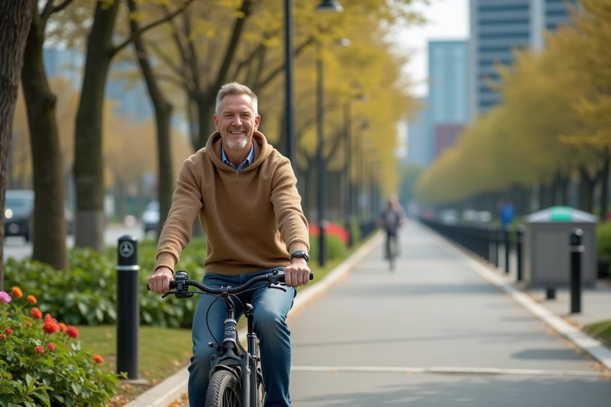 Homme à vélo dans un parc urbain en ville