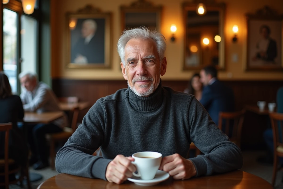 Homme distingué aux cheveux argentés attablé dans une brasserie parisienne classique, évoquant l'intimité et la vie personnelle d'un journaliste connu
