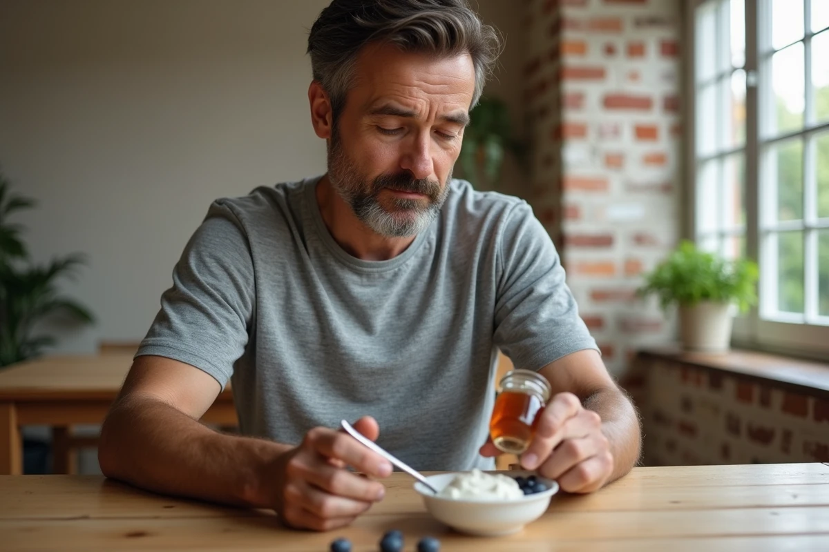 Homme lisant l'étiquette nutritionnelle d'un pot de miel devant un bol de yaourt grec et myrtilles, illustrant un choix alimentaire conscient sans sucre ajouté