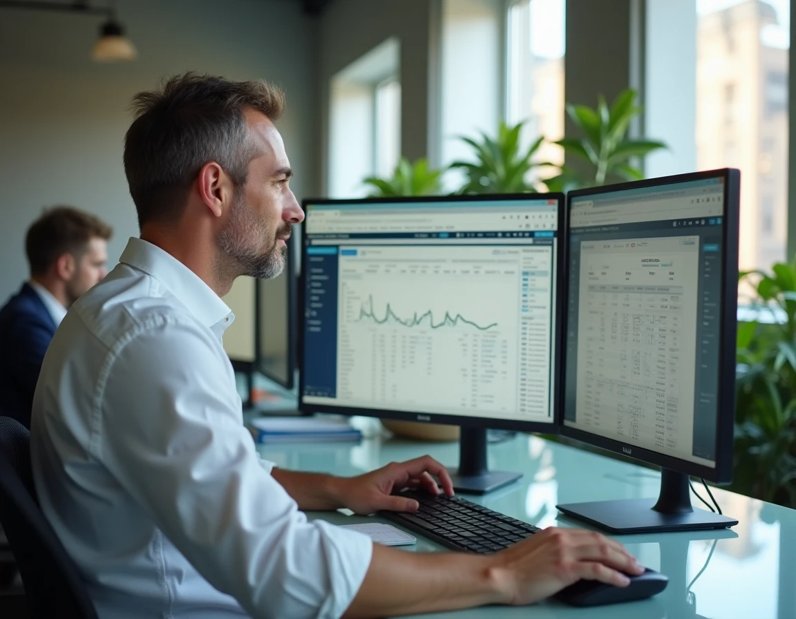 Homme d'affaires gérant ses finances avec un logiciel de comptabilité en ligne gratuit sur double écran dans un bureau moderne