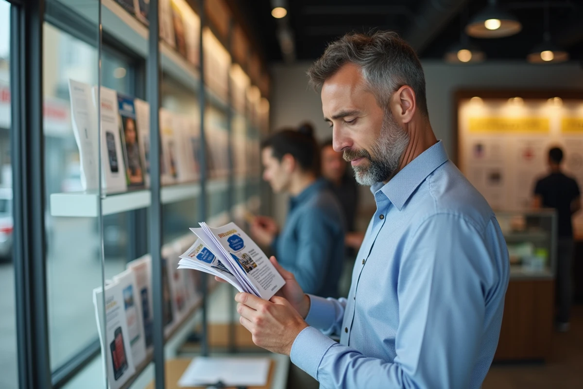 Homme dans un magasin de téléphonie examinant des dépliants
