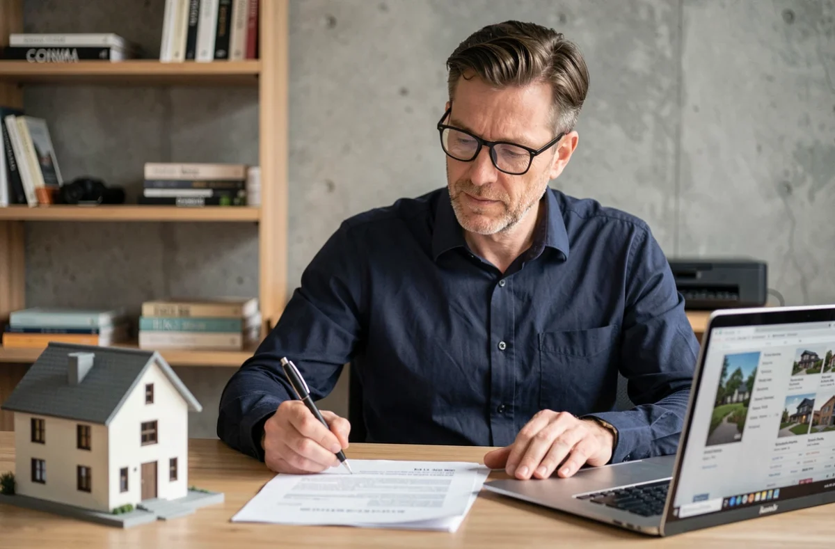 Homme signant un contrat immobilier à son bureau avec une maquette de maison et un ordinateur portable