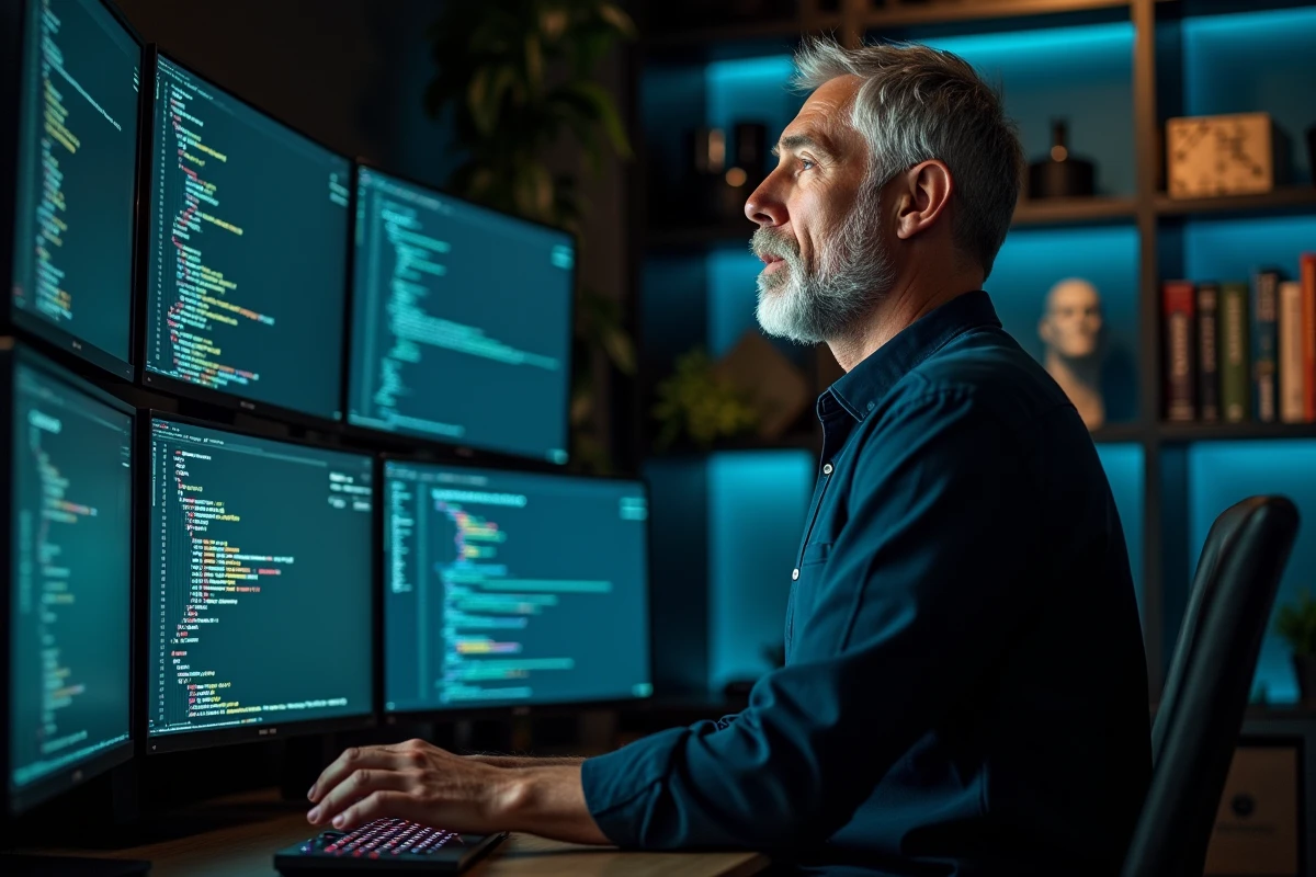 Homme ingénieur informatique analysant des tableaux de bord de données et du code sur plusieurs écrans dans un bureau high-tech