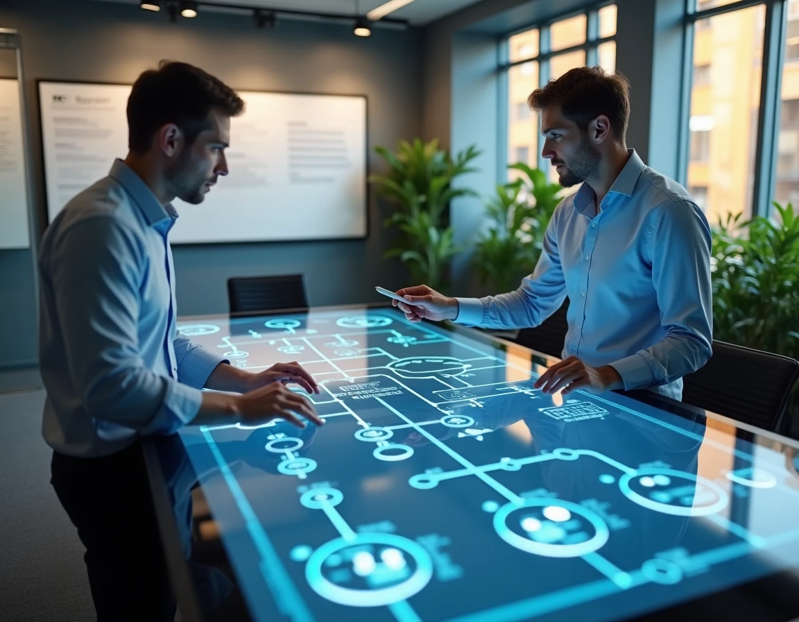 Deux ingénieurs IT analysant un diagramme de connectivité API sur une table interactive dans une salle de réunion d'entreprise technologique