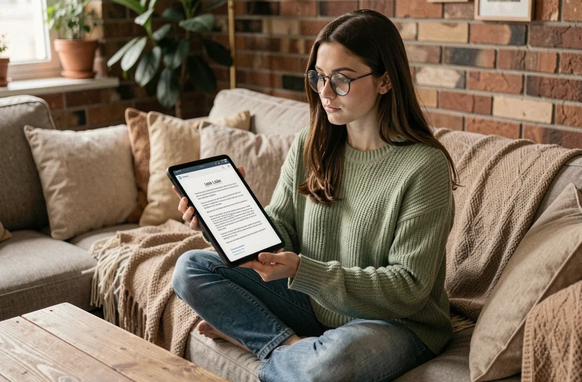 Jeune femme lisant les mentions légales d'un site internet sur une tablette numérique dans un salon cosy