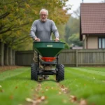 Homme utilisant une machine à semer du gazon thermique pour ensemencer une pelouse résidentielle en automne