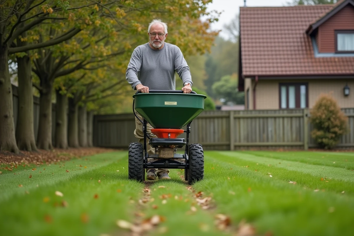 Homme utilisant une machine à semer du gazon thermique pour ensemencer une pelouse résidentielle en automne