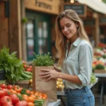 Jeune femme achetant des légumes frais au marché