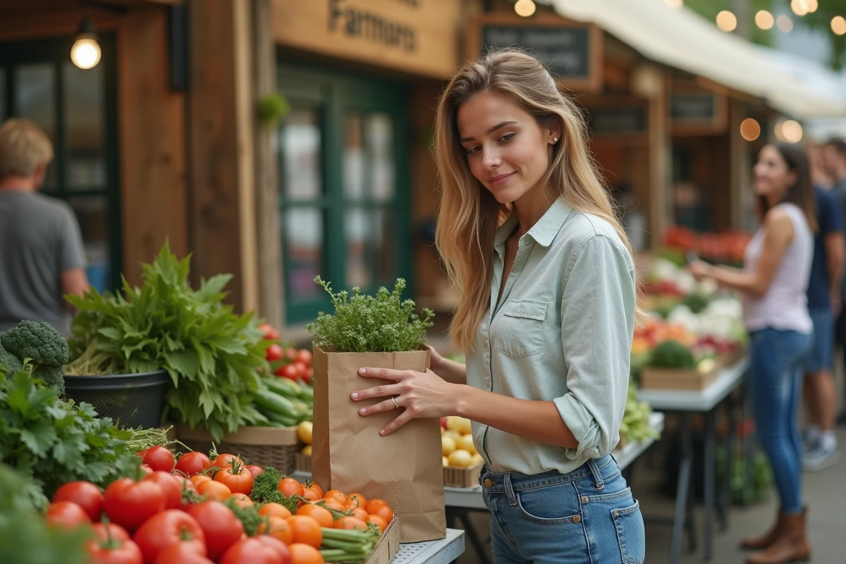 Jeune femme achetant des légumes frais au marché