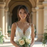 Mariée élégante en robe de satin ivoire avec dentelle dans une salle de mariage décorée de pivoines blanches et de verdure