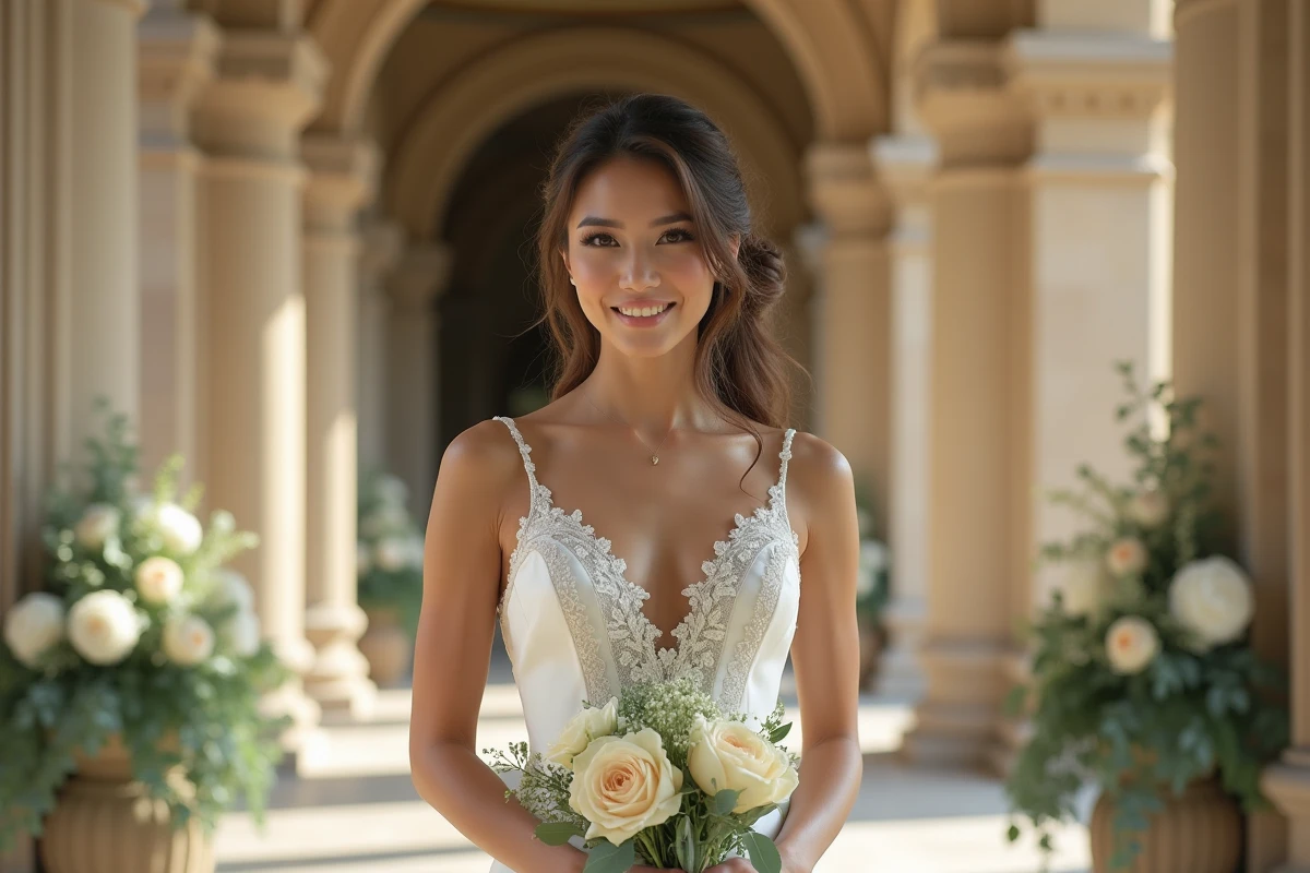 Mariée élégante en robe de satin ivoire avec dentelle dans une salle de mariage décorée de pivoines blanches et de verdure