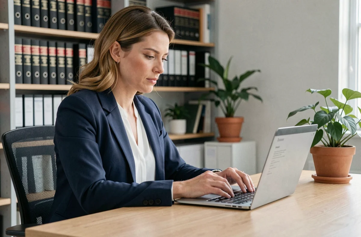 Femme professionnelle consultant les mentions légales obligatoires d'un site internet sur son ordinateur portable dans un bureau moderne