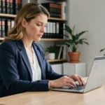 Femme professionnelle consultant les mentions légales obligatoires d'un site internet sur son ordinateur portable dans un bureau moderne