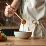 Femme versant du miel doré avec un bâtonnet en bois dans un bol en céramique sur un comptoir de cuisine en chêne rustique