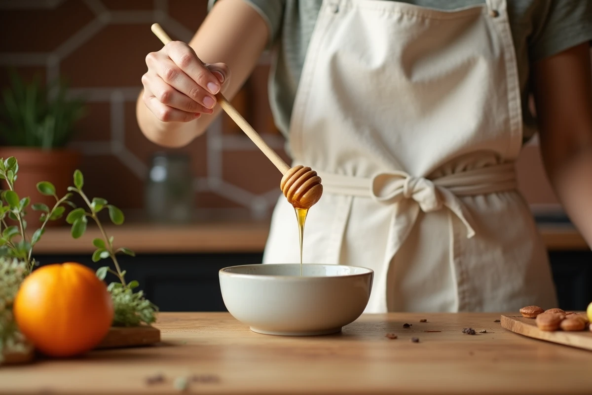 Femme versant du miel doré avec un bâtonnet en bois dans un bol en céramique sur un comptoir de cuisine en chêne rustique