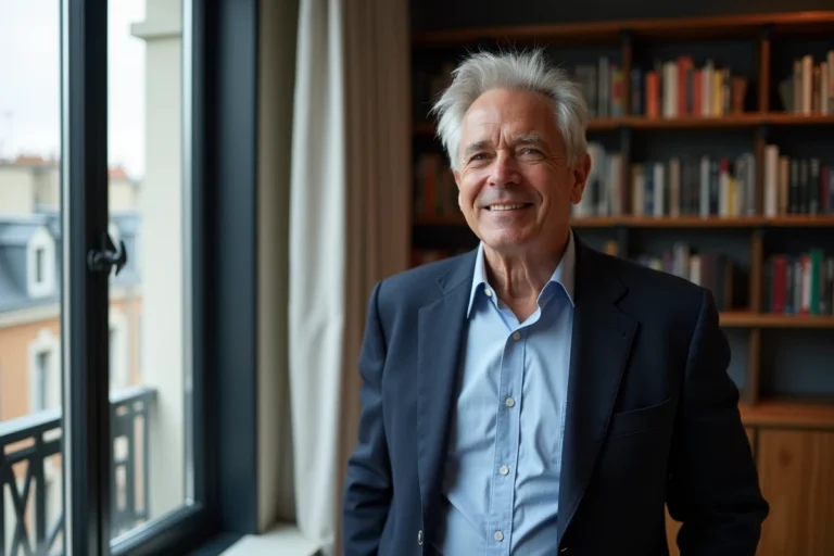 Portrait d'un journaliste élégant aux cheveux gris dans un appartement parisien moderne, illustrant la vie privée d'une personnalité médiatique