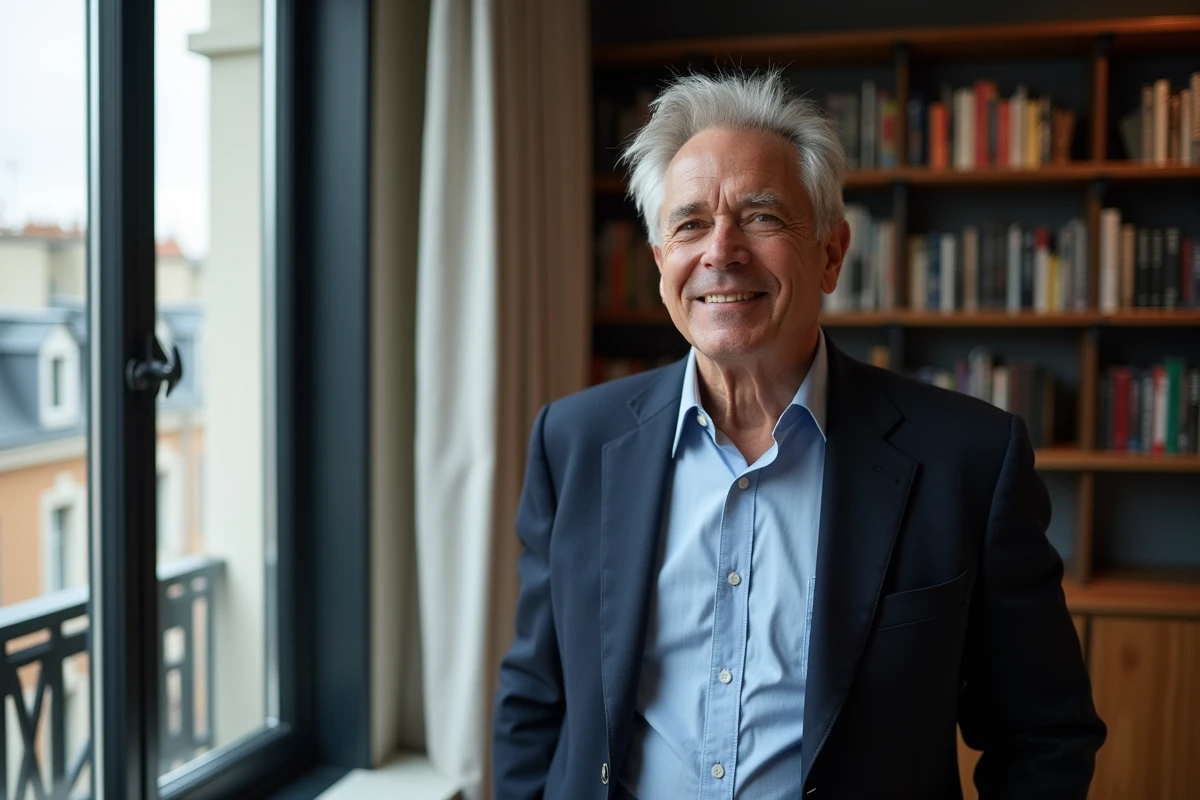 Portrait d'un journaliste élégant aux cheveux gris dans un appartement parisien moderne, illustrant la vie privée d'une personnalité médiatique