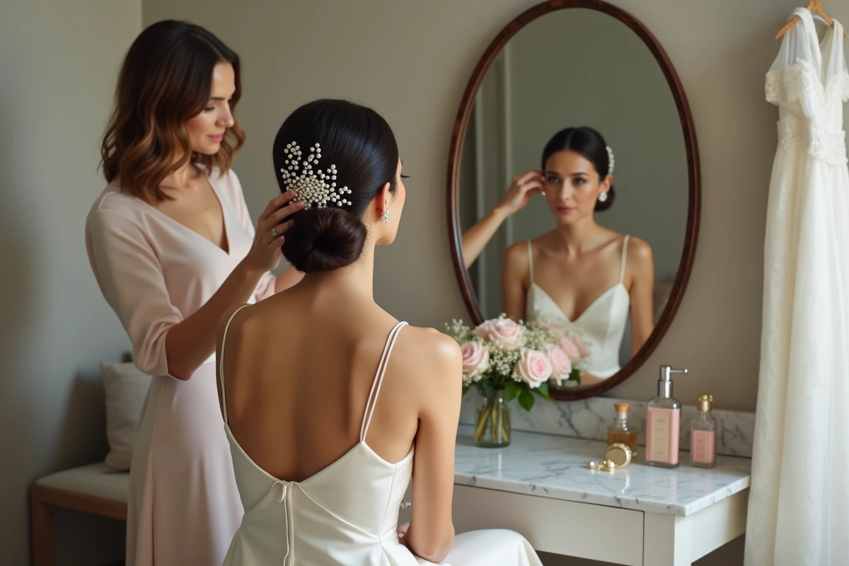 Préparatifs de mariage avec coiffure chignon élaboré aux épingles nacrées dans un salon de beauté élégant