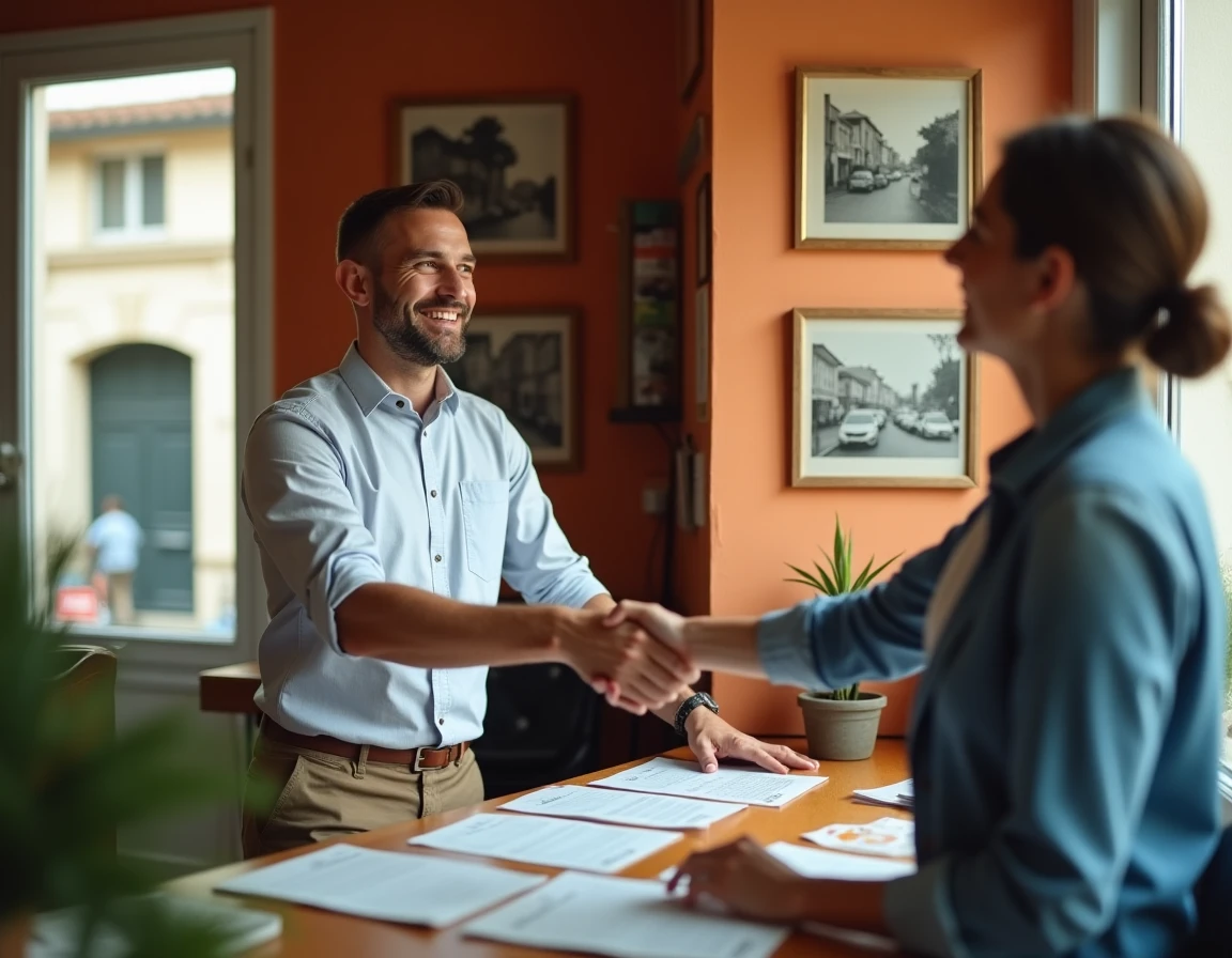 Client et conseiller d'une banque locale signant un accord de prêt immobilier dans une agence de proximité