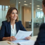 Conseillère bancaire nationale discutant d'un prêt immobilier avec une cliente dans une agence moderne