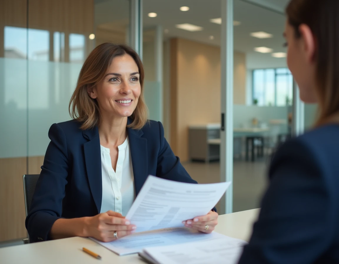 Conseillère bancaire nationale discutant d'un prêt immobilier avec une cliente dans une agence moderne