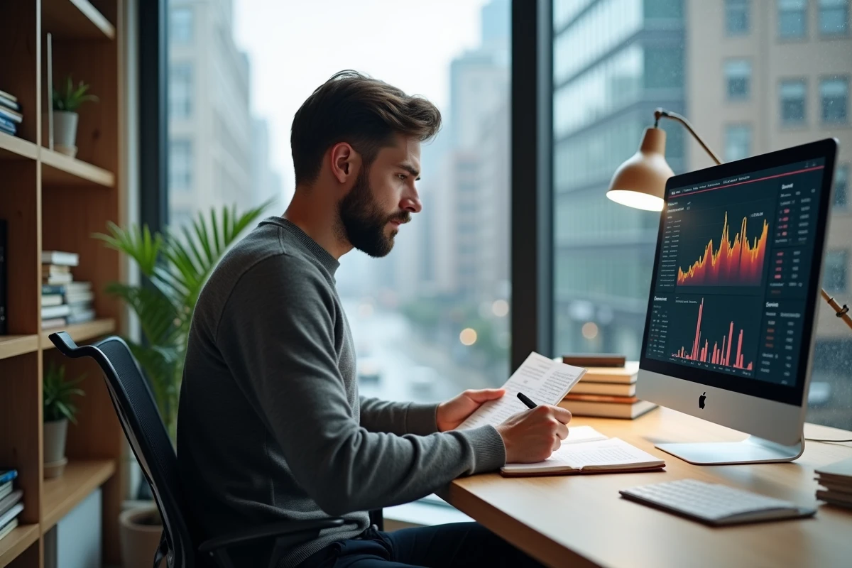 Professionnel concentré analysant des graphiques de tendances économiques dans un bureau à domicile contemporain