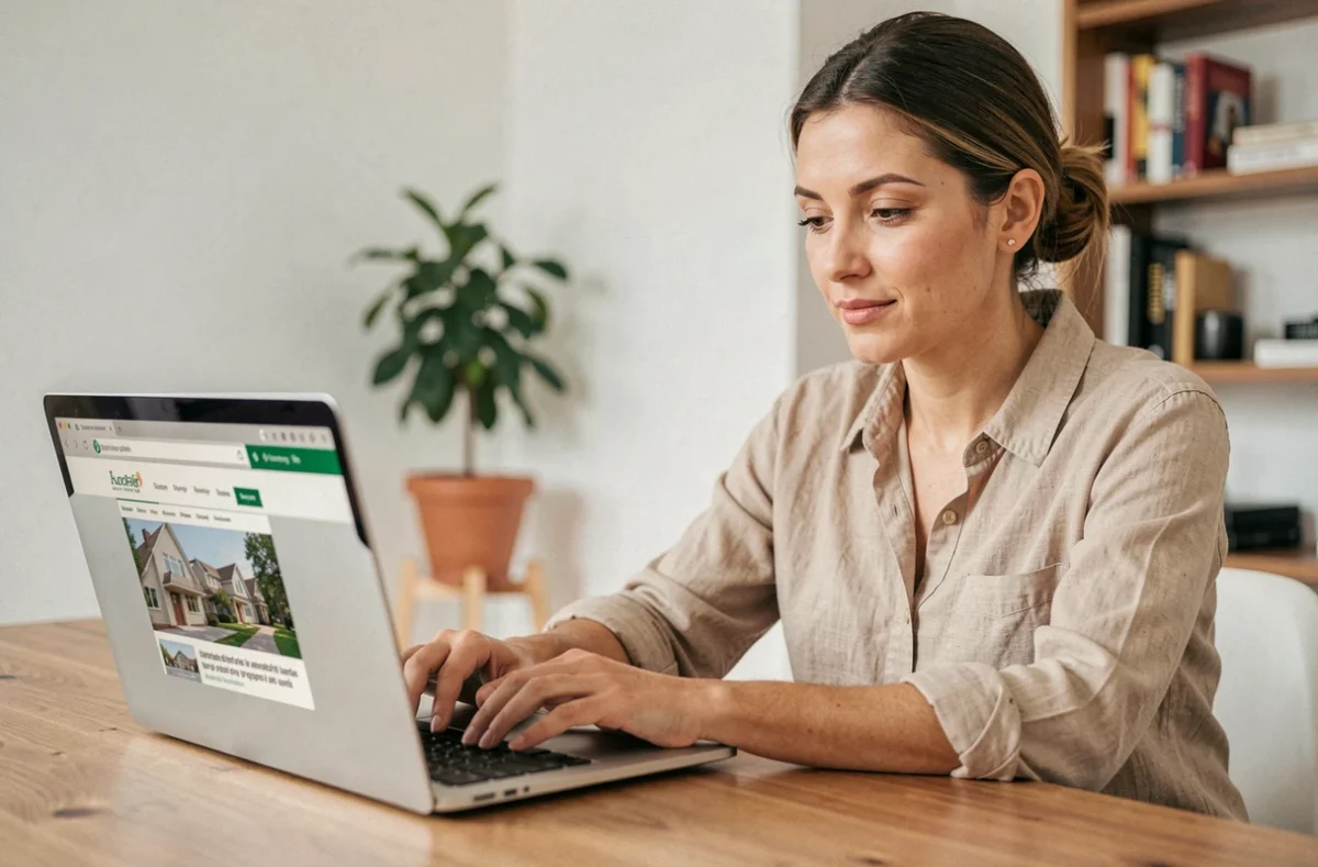 Femme consultant des annonces immobilières en ligne sur un ordinateur portable dans un bureau à domicile moderne