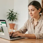 Femme consultant des annonces immobilières en ligne sur un ordinateur portable dans un bureau à domicile moderne
