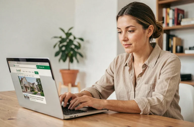 Femme consultant des annonces immobilières en ligne sur un ordinateur portable dans un bureau à domicile moderne