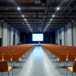 Salle Artimon du parc des expositions de Quimper aménagée pour une conférence professionnelle avec rangées de chaises et scène centrale