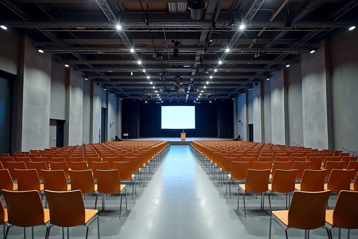 Salle Artimon du parc des expositions de Quimper aménagée pour une conférence professionnelle avec rangées de chaises et scène centrale