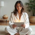 Femme en robe de bain blanche pratiquant une séance de bien-être en ligne avec un spa numérique sur tablette