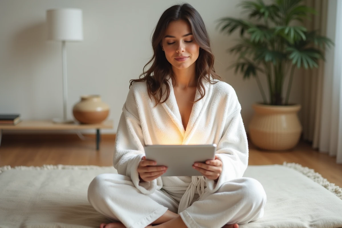 Femme en robe de bain blanche pratiquant une séance de bien-être en ligne avec un spa numérique sur tablette