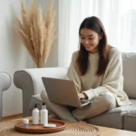 Jeune femme faisant son shopping beauté en ligne sur un laptop entourée de produits cosmétiques sur un canapé scandinave