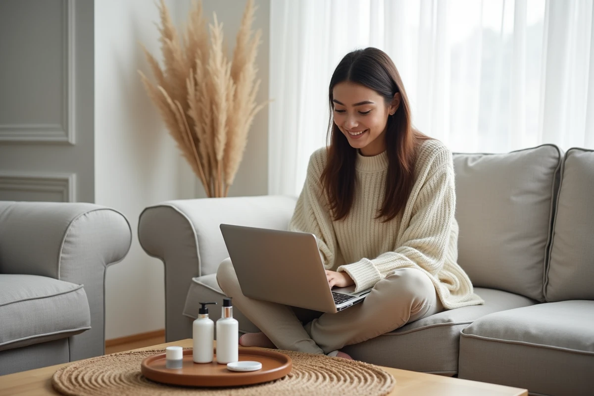 Jeune femme faisant son shopping beauté en ligne sur un laptop entourée de produits cosmétiques sur un canapé scandinave
