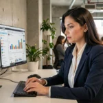 Professionnelle analysant des données de marketing digital sur des écrans d'ordinateur dans un bureau moderne