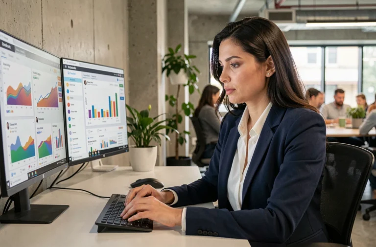 Professionnelle analysant des données de marketing digital sur des écrans d'ordinateur dans un bureau moderne