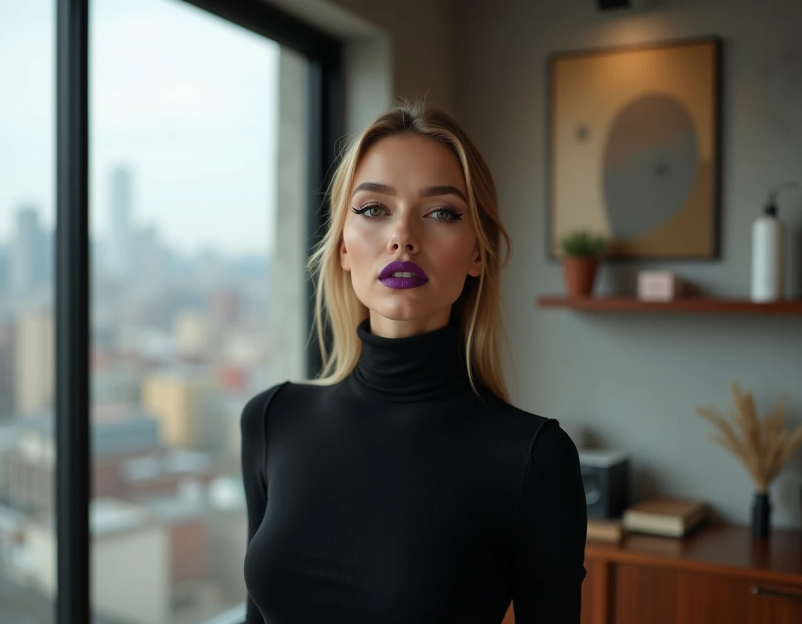 Femme au maquillage graphique tendance avec eye-liner audacieux et lèvres prune devant une fenêtre avec vue urbaine