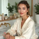 Femme aux 20 ans maquillée avec un look minimaliste tendance devant une coiffeuse en marbre avec des produits de beauté élégants