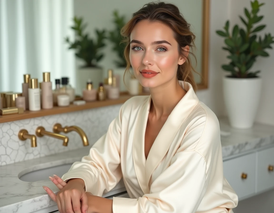 Femme aux 20 ans maquillée avec un look minimaliste tendance devant une coiffeuse en marbre avec des produits de beauté élégants